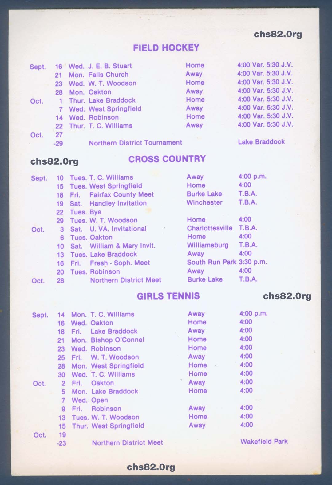 Chantilly High School CLass 1982 Sports Schedule 2