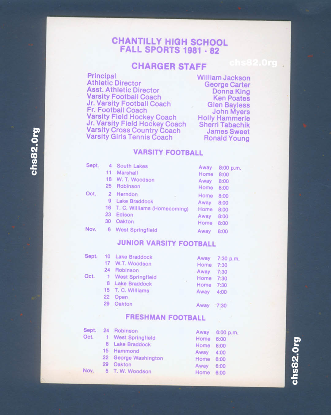 Chantilly High School CLass 1982 Sports Schedule 1