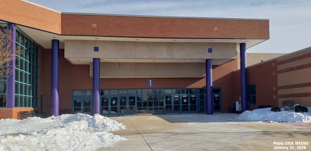 Main entrance in the snow at Chantilly High School